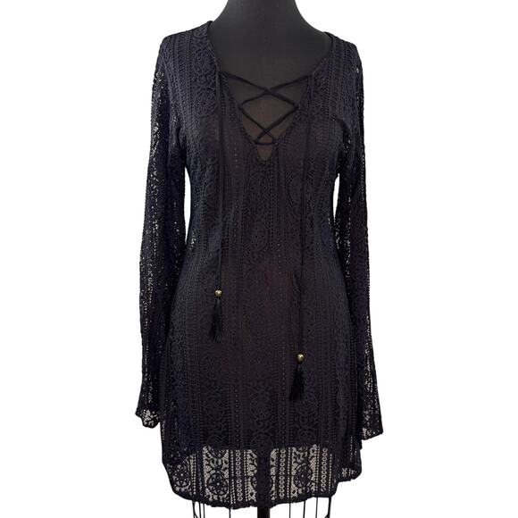 PoliQ Dresses & Skirts - Pily Q Black Cover-Up Dress Floral Deep V-Neck Lace Up Casual Pullover Size M/L
